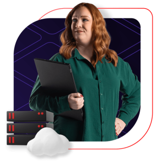 Person with long red hair and turquoise collared button-down shirt holding a laptop looking left. 3 dimensional server stack to the lower left with cloud illustration overlay. All on a hatched purpose background and a floating red square outline.
