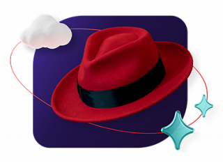 A Red Hat fedora surrounded by a cloud and AI sparkles