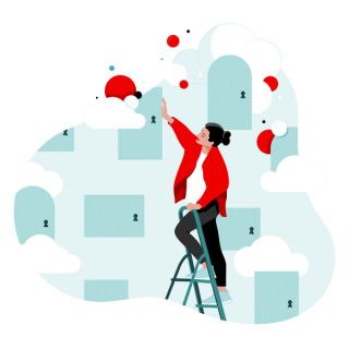 Person in red jacket standing on a ladder with a building backdrop reaching for a cloud with a red circle behind it