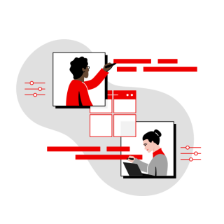 Illustration of two people writing with pens with four computer windows arranged in a square