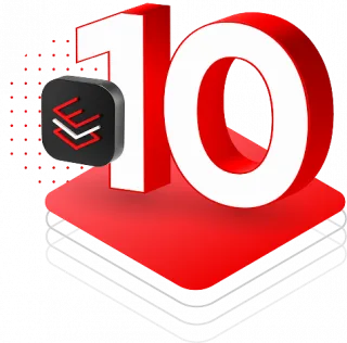 red number 10 on top of a rounded red square with a black graphic overlaid to the left.