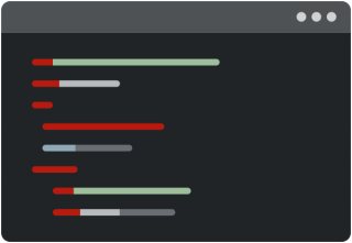 Simple dark-mode terminal with red, light grey, dark grey, a green lines representing code.