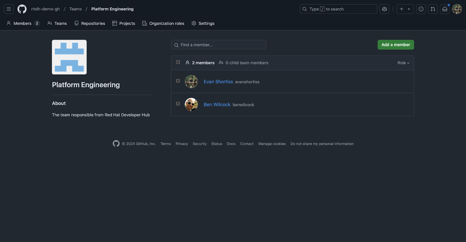 A Team named Platform Engineering in a GitHub Organization. It has two members: Evan Shortiss and Ben Wilcock.