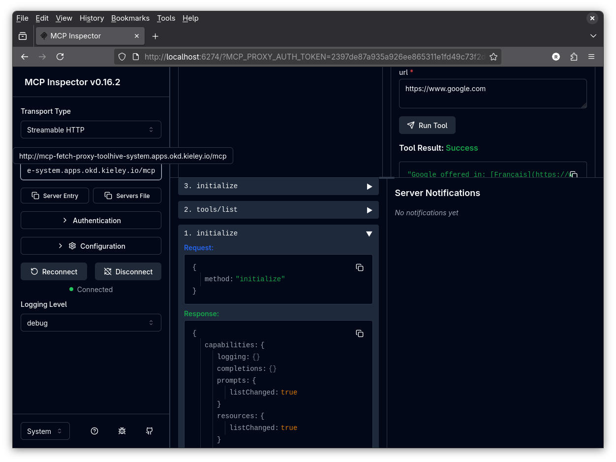 ToolHive gofetch MCP Inspector screenshot