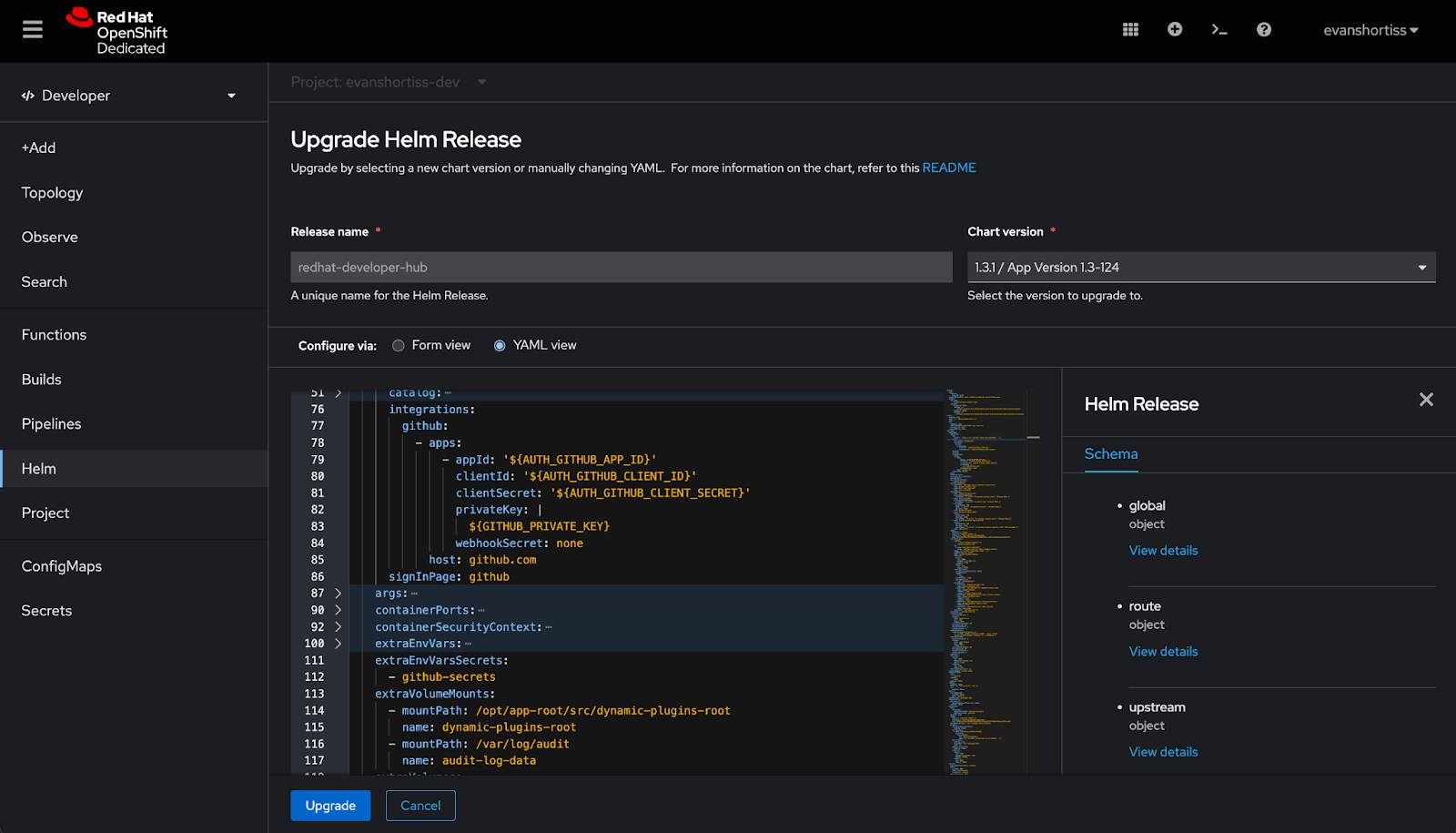 An administrator using the OpenShift Web Console to edit Helm Chart parameters using the YAML editor view.