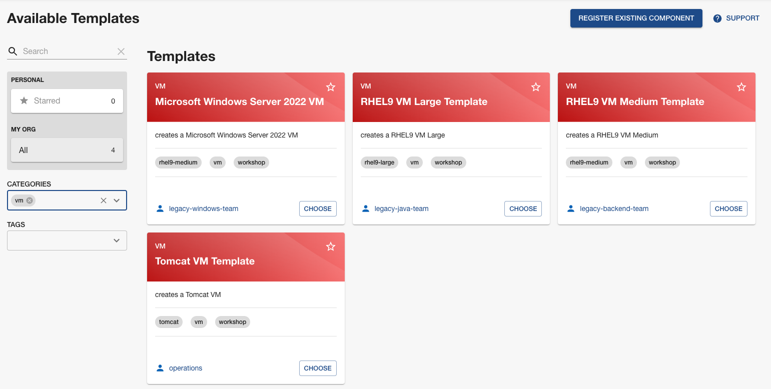 A view of the available templates in the Developer Hub UI.